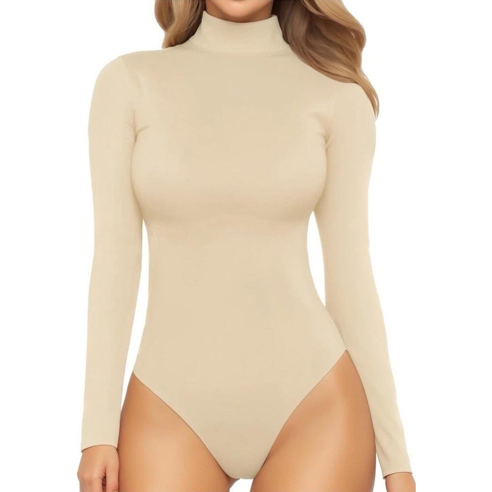 MANGOPOP Mock Turtleneck Long Sleeve Bodysuit THONG Shapewear Ribbed Size Medium